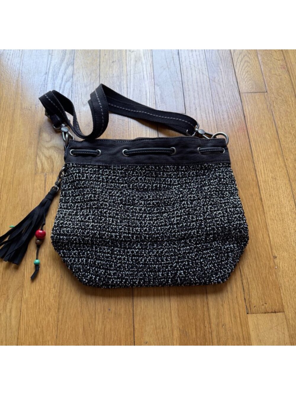 Crochet Boho The Sak 12"x10" Black & White Ukiah Crochet Drawstring Bucket Bag - Picture 10 of 15